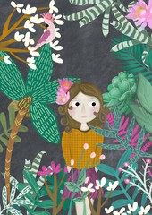 Illustration of a girl in a wild jungle.