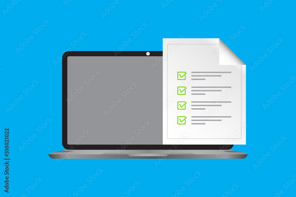 Fototapete laptop icon in a trendy flat style with a data checklist. questions concept for the test check box. 