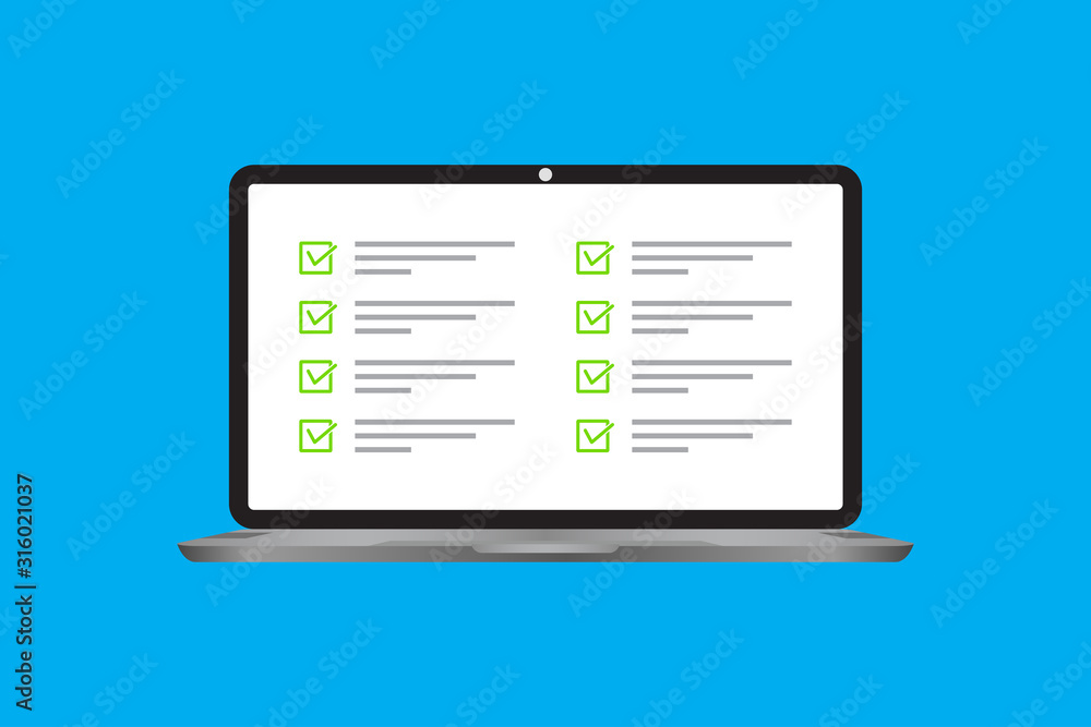Fototapete laptop icon in a trendy flat style with a data checklist. questions concept for the test check box. 