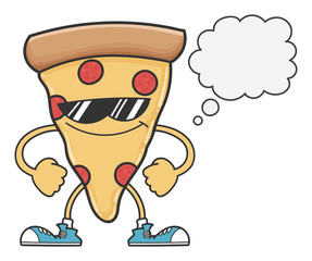 Pizza with sunglasses cartoon and speech bubble