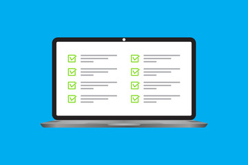 Laptop icon in a trendy flat style with a data checklist. Questions concept for the test check box. Notebook screen. Vector illustration element.
