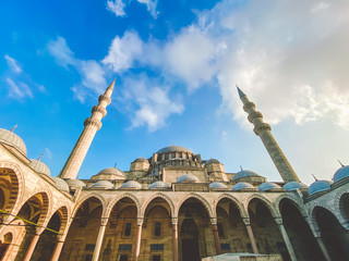Fototapeta na wymiar Suleymaniye Mosque. Suleymaniye Camii. Minaret, marmara. Sulaymaniye Mosque Exterior Turkey October, Istanbul. Suleymaniye Camii The most beautiful mosque in Istanbul