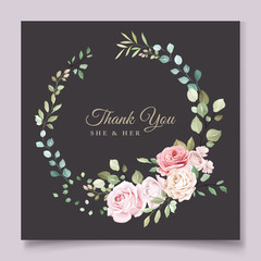 wedding invitation card with beautiful roses and leaves