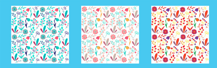 Vector cute seamless pattern with flowers, leaves. Illustration for packaging, postcards, textiles, print. Funny cute images. Doodle, drawn by hand. Spring flower pattern.