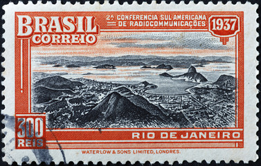 Old view of Rio de Janeiro on brazilian postage stamp