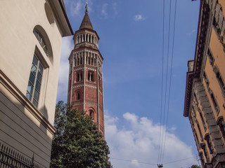 bell tower with an octagonal structure dating back to the 14th century in the historic center of Milan