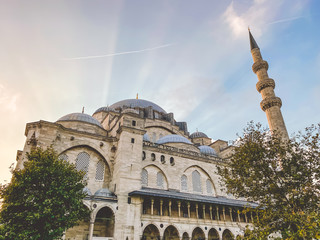 Fototapeta na wymiar Suleymaniye Mosque. Suleymaniye Camii. Minaret, marmara. Sulaymaniye Mosque Exterior Turkey October, Istanbul. Suleymaniye Camii The most beautiful mosque in Istanbul