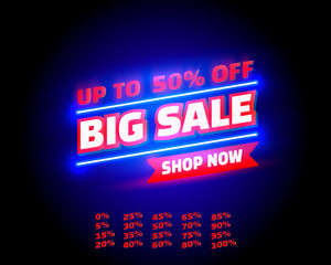 Big sale off shop new neon banner set collection, color red.
