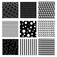 patchwork set. black and white geometric patterns on a white background. zigzag, rectangles, circles, waves, stripes, cell.