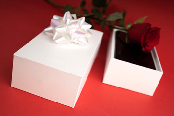 Gift box with new modern mobile telephone for Valentine's Day and Red Rose. Present box package decorated into the white paper and white bow-knot . Flat lay on red background. ..