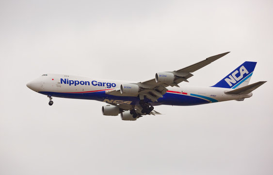 Chicago, USA - October 31, 2019: A Boeing 747-800 aircraft of Nippon Cargo Airlines Plane landing at O'Hare International Airport.