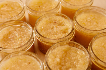 Dessert and jam with lemon in a jar. Jam for tea.