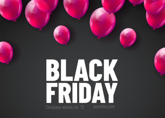 Black Friday Sale Poster with Shiny Balloons Bunch Isolated on Black Background.