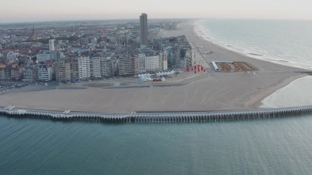 Ostend, Belgium, Drone view on the water and the city at the sea