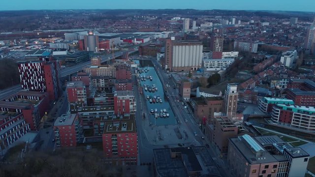 Leuven vaart Aerial shot at night blue hour with boats in the water
