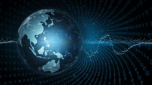 Artistic infographics with binary numbers tunnel and Earth globe rotation.