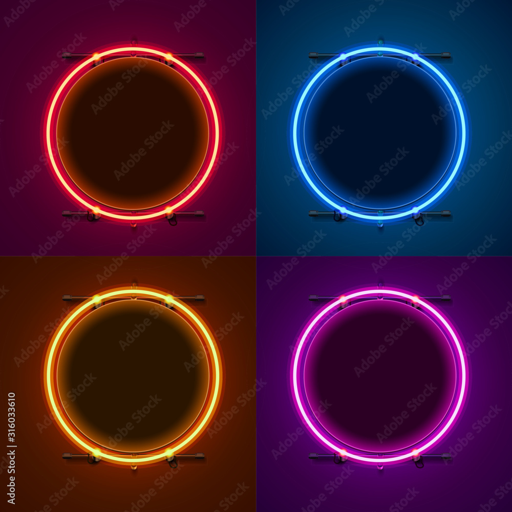 Wall mural neon frame sign in the shape of a circle. set color. template design element.