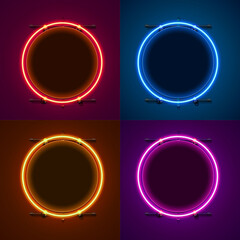 Neon frame sign in the shape of a circle. Set color. template design element. - obrazy, fototapety, plakaty