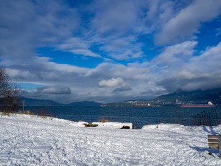 A view of Jericho beach, with West Vancouver in the background, after a snow fall.   Vancouver BC Canada