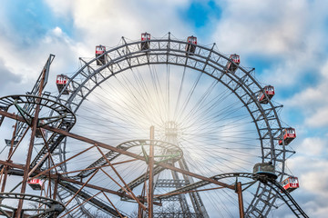 oldest ferris wheel at sunset in the Prater public park in Vienna, Austria.