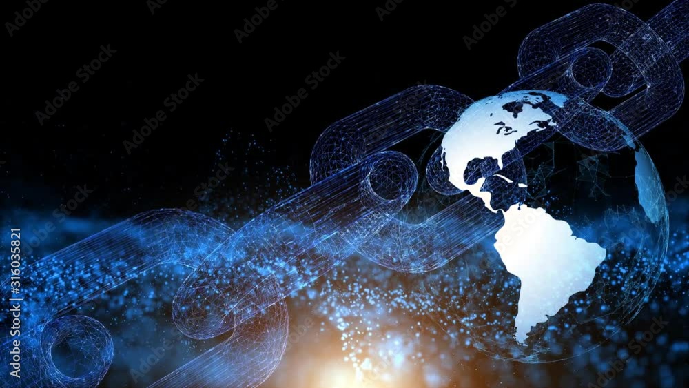 Poster artistic cryptocurrency blockchain chain cyberspace with earth globe rotation.