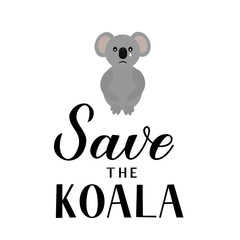 Save the koala lettering with crying cartoon koala isolated on white. Affected animals from bushfires concept. Vector template for banner, typography poster, flyer, sticker, etc.