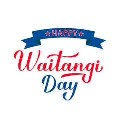 Happy Waitangi Day calligraphy hand lettering isolated on white. New Zealand holiday typography poster. Easy to edit vector template for greeting card, flyer, banner, sticker, etc.