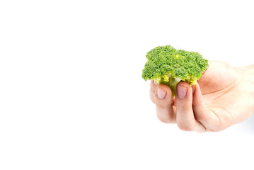 Fototapeta na wymiar Broccoli in hand isolated on white background with copy space