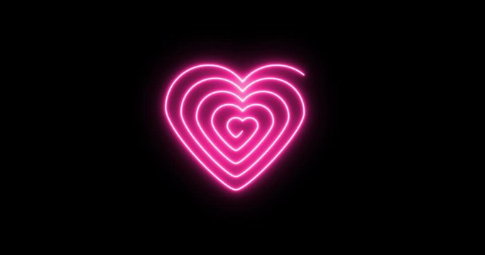 Beautiful heart pink neon spiral background.
