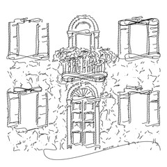 Hand drawn line art house fasade street with door balcony and windows