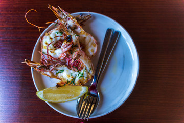 Prawns, Red Wood background