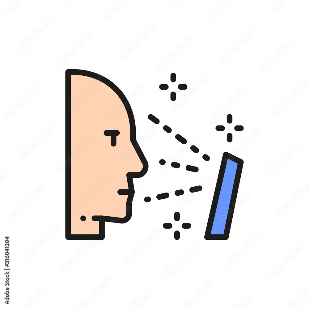Poster face verification for unlock smartphone, face scanning flat color line icon.