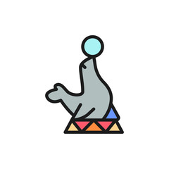 Fur seal, circus animal show flat color line icon.