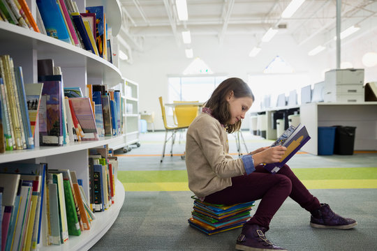 Elementary Student Reading Books In Library