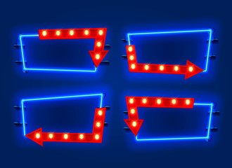 Neon frame arrow set collection. template design element.