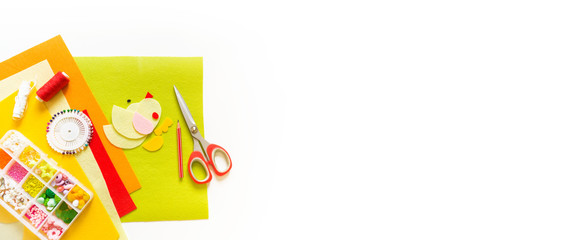 Felt chicken. Spring holiday Easter bright Banner Copy space