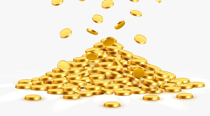 Gold shiny coins with star signs in heap. Big bunch of old metal money. Precious expensive treasure.