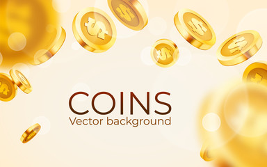 Falling coins, falling money, flying gold coins, golden rain. Jackpot or success concept. Modern background.