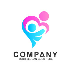 happy family logo with heart shape concept, healthy people, adoption symbol, foundation and community care icon, parents and children vector, helping logo