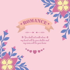 Modern pattern of romance greeting card, with leaf and pink elegant wreath frame. Vector