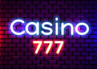 Neon 777 Casino slots sign. Casino neon signboard. Online casino concept.