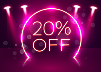 Sale glowing neon sign. Light vector background for your advertise, discounts and business.