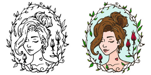 vector outline and color images of a beautiful young girl in a frame of leaves and roses isolated on a white background. illustration for coloring books or prints.