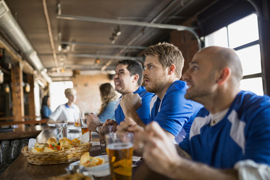 Sports fans sitting at bar in pub