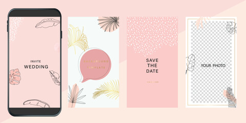 Luxury social Wedding  Invitation set,  invite thank you, rsvp modern card Design in pink and gray flower with leaf greenery branches  decorative Vector elegant rustic template