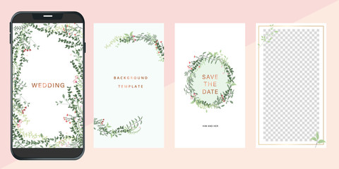 Luxury social Wedding Invitation set,  invite thank you, rsvp modern card Design in little red flower with leaf greenery branches  decorative Vector elegant rustic template