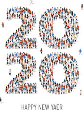 Happy New Year 2020. Large and diverse group of people gathered together in the shape of number 2020.