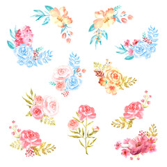 Watercolor big set of sketch gentle compositions hand drawn on white background