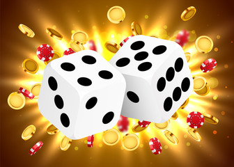 Two dices, surrounded by a luminous frame and coin explosion. Luck banner. Casino concept.