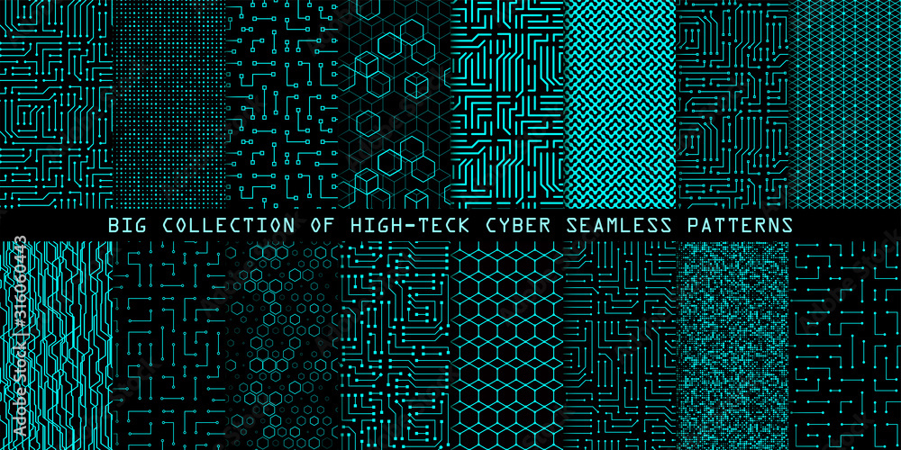 Poster Set of seamless cyber patterns. Circuit board texture. Collection of digital high tech style vector backgrounds